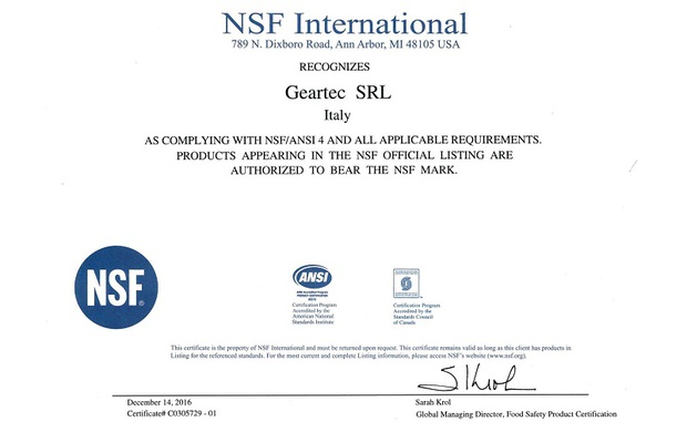 Geartec ottiene il marchio NSF