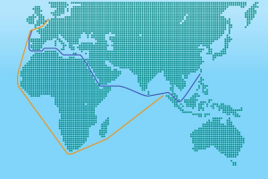 La rotta dall'Asia verso l'Europa attraverso il canale di Suez e la circumnavigazioe dell'Africa